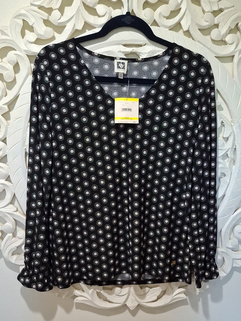 ANNE KLEIN Black Dot Long-Sleeve Blouse NEW